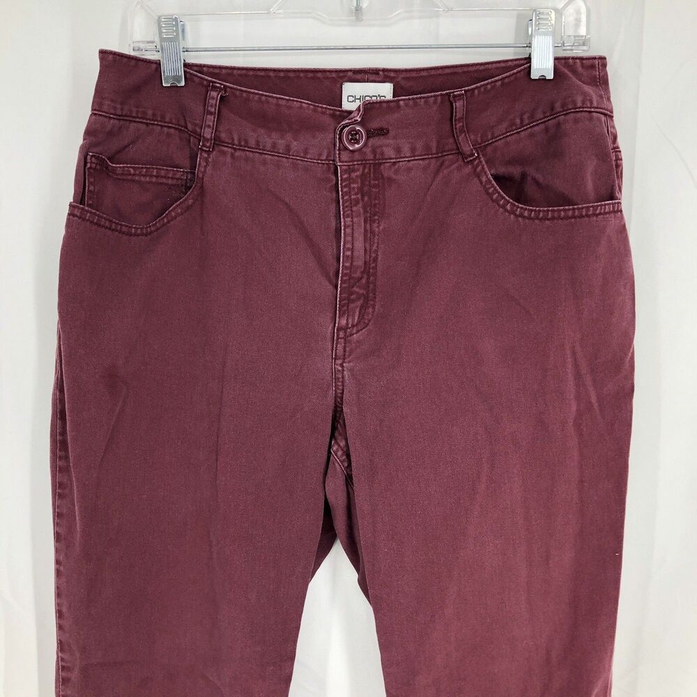 Chico’s Burgundy Plum Straight Crop Denim Jeans Rhinestone Pockets 32x28